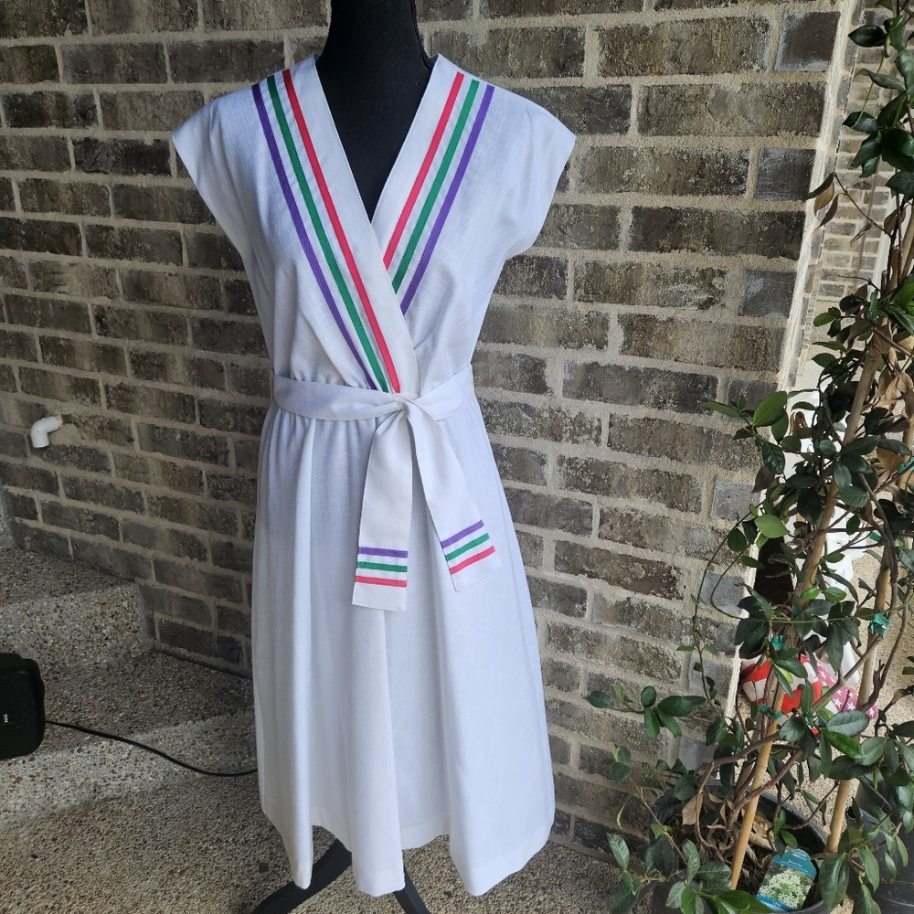 Vintage Charles Alan Faux Wrap Midi Dress Size 10 70s Preppy‎ Resort Striped USA